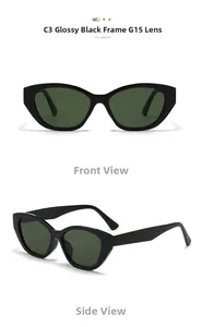 Front and 45-degree angle views of glossy black cat-eye sunglasses with G15 green lenses