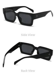 Détails de lunettes de soleil carrées noires avec rivets argentés sur les branches
