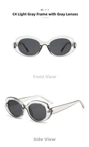 Vues de face et de profil de lunettes de soleil ovales avec monture grise et verres gris
