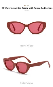 Detail of retro cat eye sunglasses in watermelon red frame with purple lenses