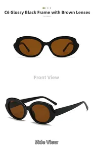 Détail des lunettes de soleil ovales noires avec verres bruns et monture ondulée