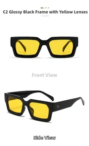 Détails de lunettes de soleil carrées noires avec verres jaunes et rivets argentés