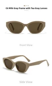 Detail view of C6 milky grey cat-eye sunglasses with tea lenses from front and side angles