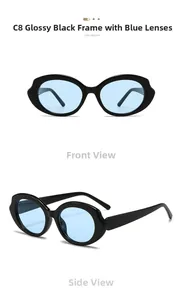 Détail des lunettes de soleil ovales œil-de-chat, monture noir brillant, verres bleus