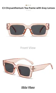 Détail de lunettes de soleil carrées rose thé avec verres gris et branches larges