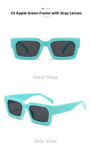 Vue détaillée des lunettes de soleil carrées vert pomme avec verres gris et clous en métal