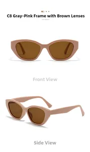 Detail view of pink cat-eye sunglasses with tea lenses showing front and side angles