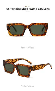 Détail de lunettes de soleil carrées écaillées avec verres vert foncé et rivets