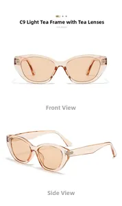 Detailed views of light tea cat eye sunglasses with transparent resin frames for women