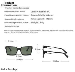 Detailed size chart of square green sunglasses with metal frame and PC lens measurements