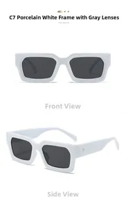 Détails des lunettes de soleil rectangulaires blanches à monture épaisse et verres gris