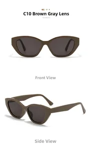 Detail view of coffee cat-eye sunglasses with grey lenses showing front and side profile