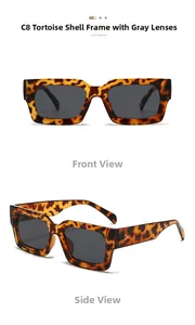 Détail de lunettes de soleil carrées en écaille avec verres gris et accents métalliques