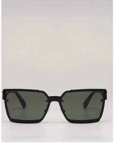Macro detail of square green sunglasses with black frame and silver metal stud accents