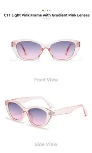 Detail of light pink cat-eye sunglasses with gradient lenses in a 45-degree view