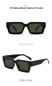 Vue avant et latérale de lunettes de soleil carrées noires avec verres G15 et rivets