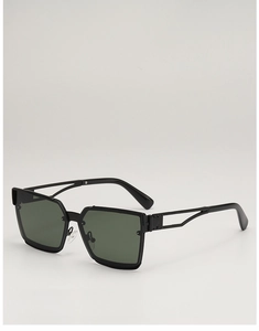 Close-up of square black metal frame sunglasses with green lenses and hollow temples