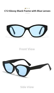 Detailed front and side views of black cat-eye sunglasses with light blue lenses