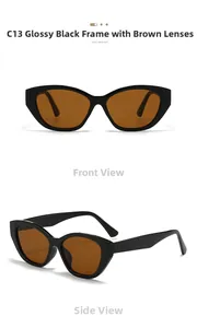 Front and side view of C13 cat eye sunglasses with glossy black frames and brown lenses