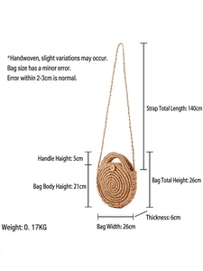 Handmade round straw woven bag with circular pattern and long shoulder strap in natural wood color