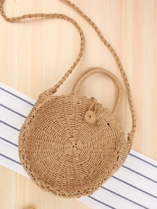 Handmade round paper rope woven beach bag with dual handles and long shoulder strap