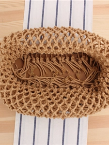 Handmade Macramé woven tote bag with natural cotton rope and brown lining detail