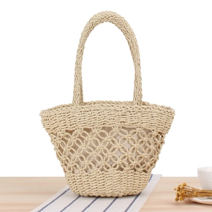 Women Woven Handbag Paper Rope Hollow Out Summer Beach Holiday Casual Bag With Inner Lining Drawstring Closure
