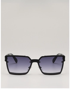 Detail of square black sunglasses featuring purple gradient lenses and metallic rivet hinges