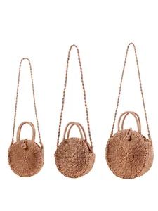 Three sizes of round handmade paper rope woven beach bags with handles and straps