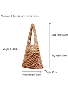 Handmade woven mesh tote bag in earthy brown with matching inner liner and sizing details