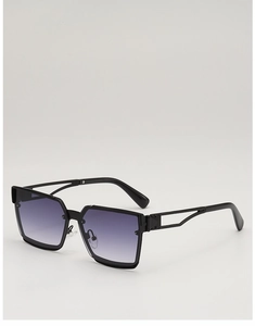 Detail of square black frame sunglasses featuring purple gradient lenses and hollowed-out temples