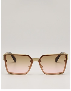 Detailed view of square gold metal sunglasses with gradient lenses and tortoiseshell temples