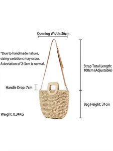Beige paper rope woven crossbody bag with dimensions showing length 36cm and height 31cm