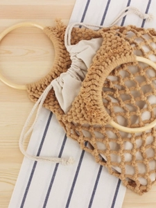 Boho-Stil gewebte Strandtasche mit runden Holzgriffen und Kordelzug-Innentasche aus Baumwolle