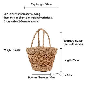 Handmade woven paper straw bucket bag with hollow design and inner lining for beach vacations