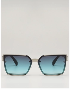Detail of square sunglasses with gradient lenses and metallic rivet temple joints