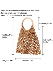 Handgefertigte khakifarbene Baumwoll-Webtasche mit runden Holzgriffen für den Strandurlaub