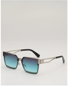 Close-up of square metal frame sunglasses with gradient blue lenses and hollowed-out temples