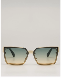 Close-up of square frame sunglasses with gold metal joints and gradient green lenses