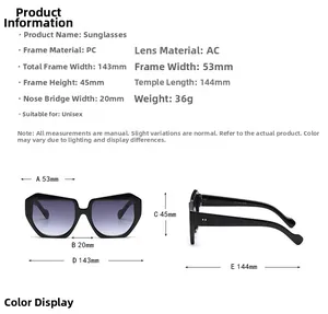 Detailed size specifications for square PC frame sunglasses with dimensions and AC lenses