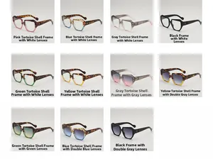 Detail view of bold square frame sunglasses in multiple colorways and textured finishes