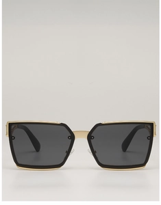 Detail of square green sunglasses featuring hollow temples and premium gold metal hinges