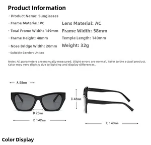 Detailed size chart for unisex PC cat-eye sunglasses with dimensions and specifications