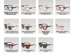 Grid display of cat-eye sunglasses in various colors including tortoiseshell and black frames