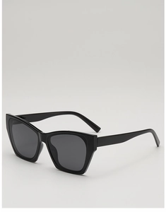 Detail view of classic black cat-eye sunglasses with dark grey lenses and retro frame
