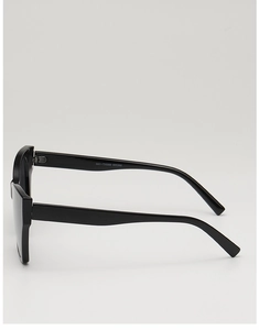 Detailed side view of black oversized cat eye sunglasses showing temple specifications