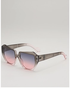 Detail shot of square frame sunglasses showing transparent pink and grey gradient resin