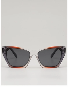 Close-up of cat-eye sunglasses featuring unique purple to orange gradient frame and dark lenses
