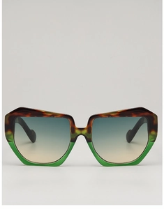 Detail of oversized square sunglasses featuring tortoiseshell and green contrast frame