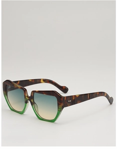 Close-up of square sunglasses with tortoiseshell and green frame plus metal rivets